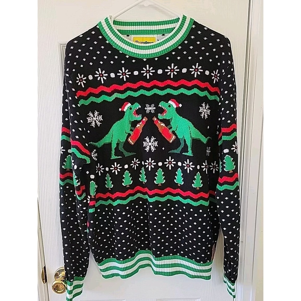 Tipsy Elves Mens Large T-Rex Beer Ugly Christmas Sweater Black Green Fair Isle